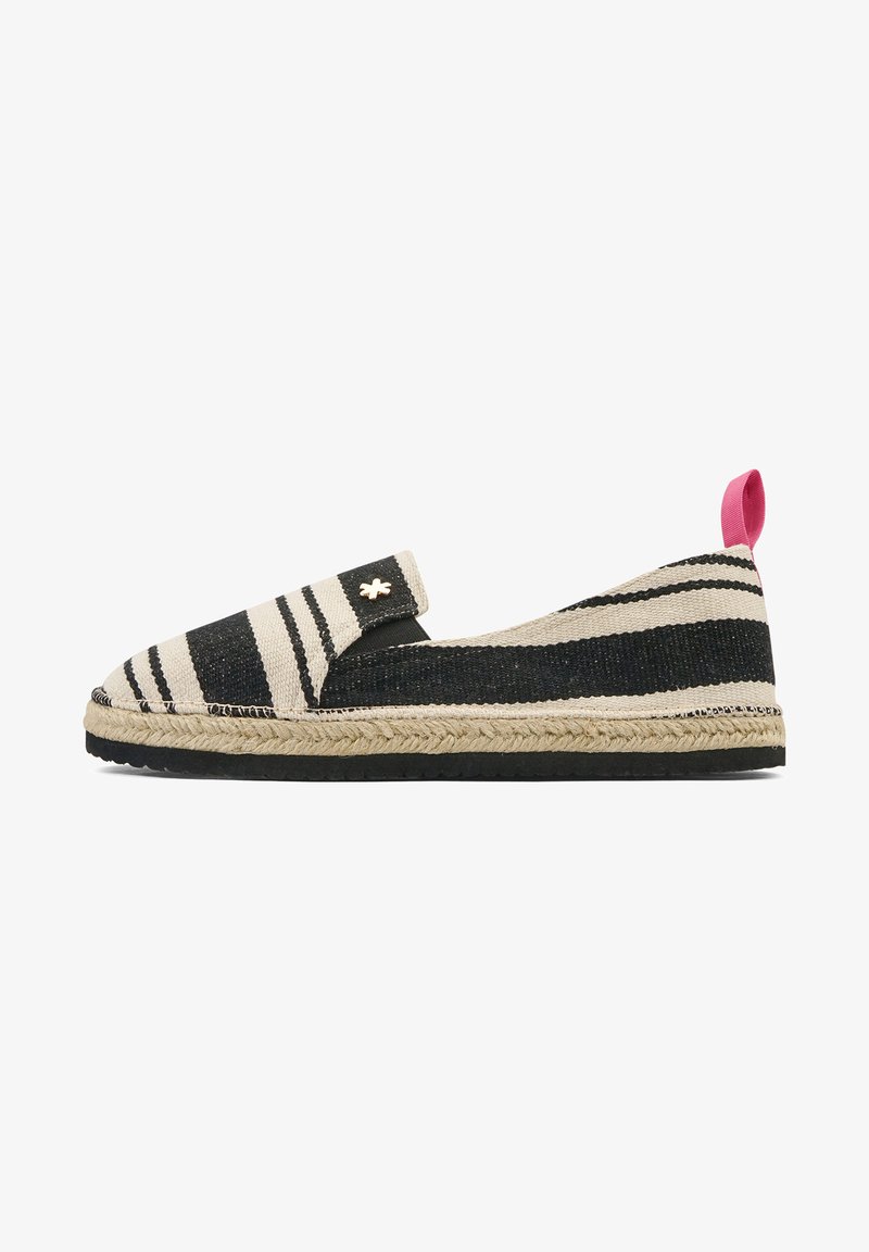 Black and white striped espadrille with woven textile upper, braided jute sole, and pink accent at the heel. Slip-on design with no closures.