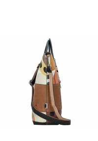 Sac en cuir multicolore avec un design patchwork, comprenant des sections marron, orange et crème, et une bandoulière noire.