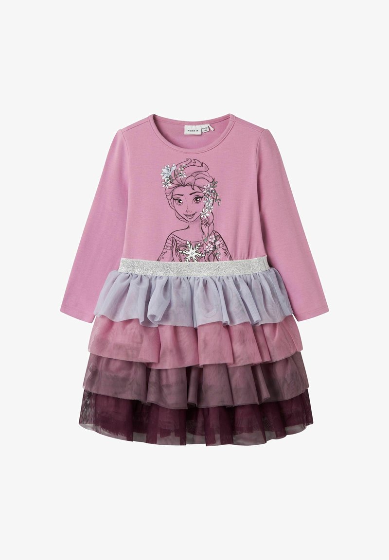 Robe rose à manches longues avec jupe en tulle à plusieurs couches dans des tons de violet et un motif de princesse animée avec des accents floraux.