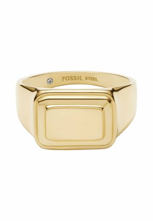 Signetring van roestvrij staal met goudkleurige uitstraling, rechthoekig verhoogde voorkant en kleine ingewerkte kristal binnenin de band.