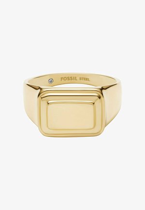 Bague chevalière en acier inoxydable ton or avec face rectangulaire en relief et petit cristal incrusté à l'intérieur de l'anneau.