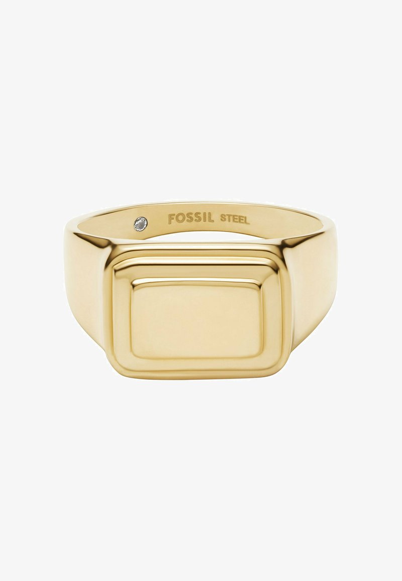 Bague chevalière en acier inoxydable ton or avec face rectangulaire en relief et petit cristal incrusté à l'intérieur de l'anneau.