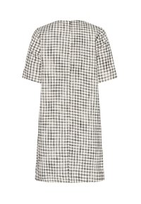 Robe mi-longue à manches courtes avec motif à carreaux noir et blanc, silhouette droite, vue de dos.