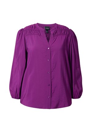 Lila Bluse mit langen, puffigen Ärmeln, einer durchgehenden Knopfleiste und gerafften Akzenten an den Schultern. Glatte Textur und lässige Passform.