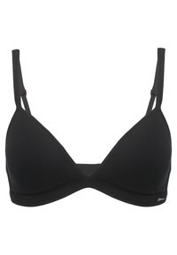 Zwarte driehoekige bralette van gladde stof, met verstelbare bandjes en een naadloos ontwerp met een subtiele logo aan de onderkant.