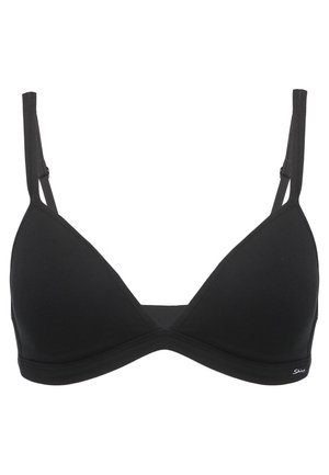 Black triangular bralette made of smooth fabric, featuring adjustable straps and a seamless design with a subtle logo at the bottom.