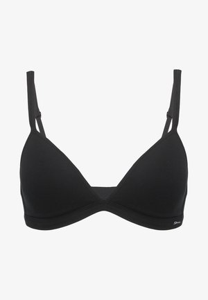 Schwarzer, dreieckiger Bralette aus glattem Stoff, mit verstellbaren Trägern und nahtlosem Design, versehen mit einem dezenten Logo am Saum.
