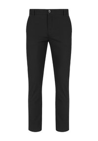 Czarne spodnie o dopasowanym kroju, wykonane z gładkiego materiału. Posiadają zapięcie na jeden guzik i szlufki na pasek. Proste nogawki, bez wzorów.