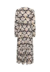 Schwarzes Kleid mit einem Fächerdesign in Weiß und Beige, mit einem gestuften Schnitt und drei Viertelärmeln. Glatter Stoff mit lockerer Passform.