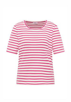 Chemise blanche à manches courtes avec des rayures horizontales roses espacées uniformément et un col rond.