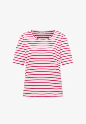 Chemise blanche à manches courtes avec des rayures horizontales roses espacées uniformément et un col rond.