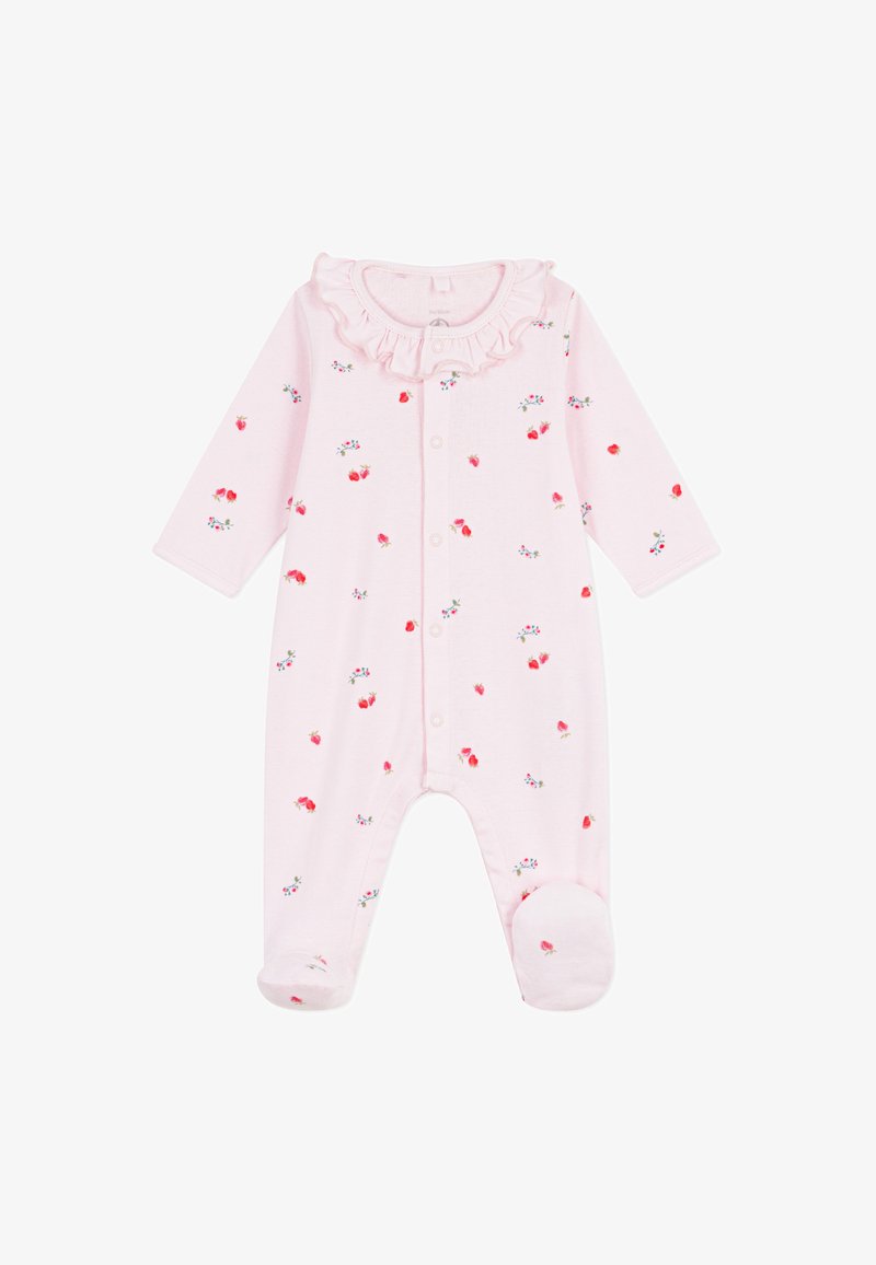 Rosa Babystrampler mit langen Ärmeln, Füßchen, Druckknöpfen vorne, Rüschensaum und rotem Blumenmuster, das über den Stoff verteilt ist.