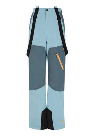 Lichtblauwe en grijze skibroek met zwarte accenten, verstelbare banden en een ritszak met een beige trekker. Gladde textuur, ruime pasvorm.