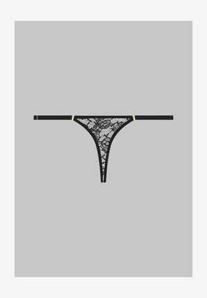Schwarzer Spitzen-Thong mit floralen Mustern, zarter Textur und schmalen Trägern. An den Seiten mit goldenen Beschlägen akzentuiert.