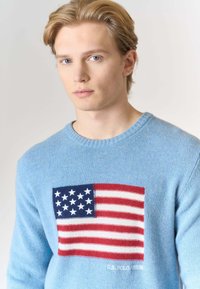 Maglione a maglia azzurro chiaro con un prominente design della bandiera americana sul petto, caratterizzato da strisce e stelle con texture, e una scollatura a girocollo a costine.
