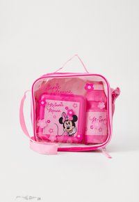 Roze lunchtas met doorzichtige zijkanten, voorzien van een Minnie Mouse ontwerp, een vierkante doos en een fles, allemaal versierd met bloemmotieven.