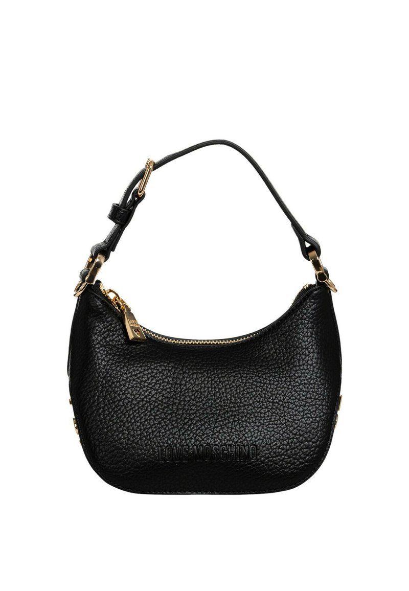 Borsa a tracolla in pelle nera con finitura texturizzata, zip dorata e dettaglio del logo. Presenta una forma arrotondata e una tracolla corta.