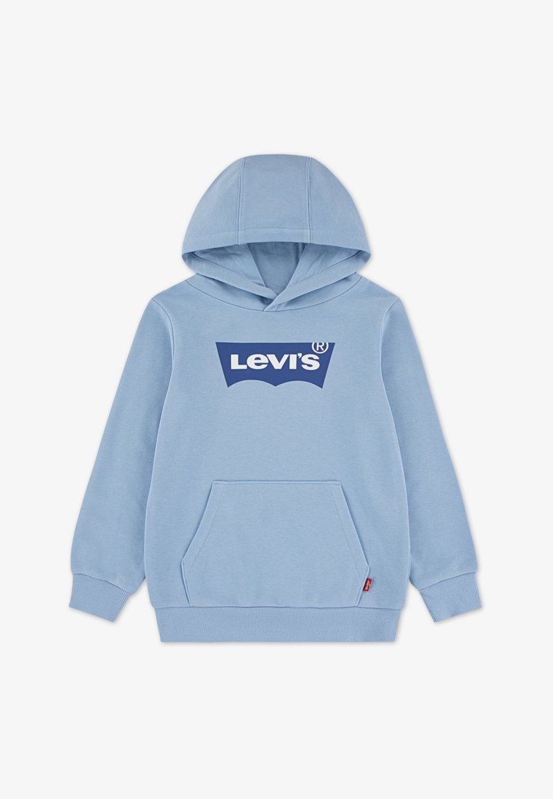 Ανοιχτό μπλε φούτερ με κουκούλα κατασκευασμένο από μαλακό ύφασμα, με μεγάλο ναυτικό λογότυπο της Levi's στο μπροστινό μέρος, τσέπη τύπου καγκουρό και ριμπ μανσέτες και τελείωμα.