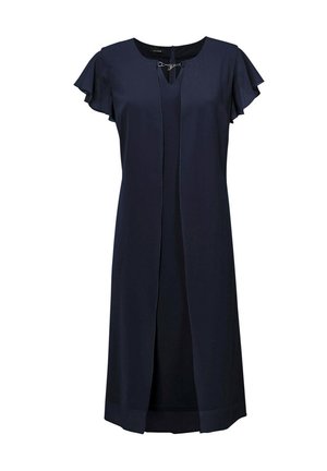 Navy blauwe jurk van lichtgewicht stof, met korte fladdermouwen, een V-hals en een open voorkant met een metalen accent.