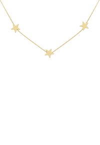 Zlatna ogrlica s lancem s tri privjeska u obliku zvijezda, glatke površine, ravnomjerno raspoređeni duž lanca. Minimalistički dizajn, sjajni završetak.