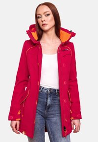 Bright pink jacket with orange lining, featuring a hood, front buttons, side pockets, and stitching details. Casual design with a tailored fit.
