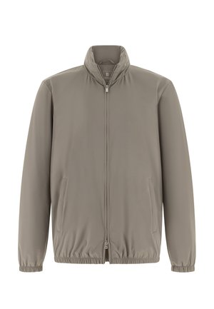 Taupekleurig lichtgewicht jack met opstaande kraag, ritssluiting aan de voorkant, zijzakken, en elastische boorden en zoom.