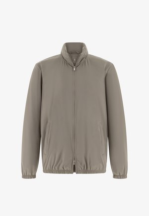 Taupekleurig lichtgewicht jack met opstaande kraag, ritssluiting aan de voorkant, zijzakken, en elastische boorden en zoom.