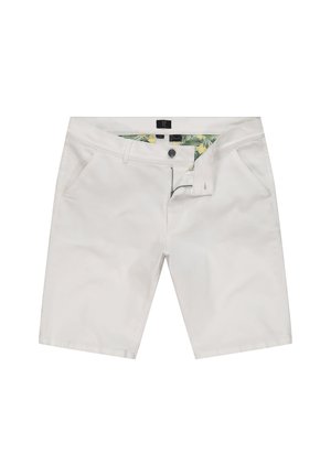 Białe bawełniane szorty o prostym kroju, z kieszeniami z przodu i kwiatowym nadrukiem na wewnętrznej stronie pasa. Zamek błyskawiczny i zapięcie na guzik z przodu.
