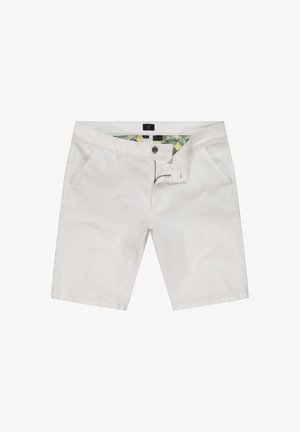 Białe bawełniane szorty o prostym kroju, z kieszeniami z przodu i kwiatowym nadrukiem na wewnętrznej stronie pasa. Zamek błyskawiczny i zapięcie na guzik z przodu.