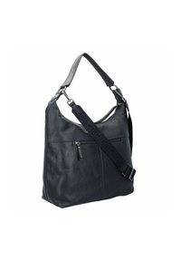 Bolso de hombro de cuero negro con correa ajustable y bolsillo con cremallera en la parte frontal, exhibido sobre un fondo blanco.