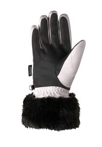 Schwarze und graue Winterhandschuhe mit einem Kunstfellbund. Sie verfügen über eine strukturierte Handfläche, glatte Finger und ein gestepptes Muster auf der Rückseite.
