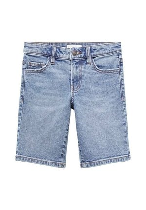 Lyseblå denimshorts med knap foran, lynlåslukning, bæltestropper og to forlommer på en hvid baggrund.
