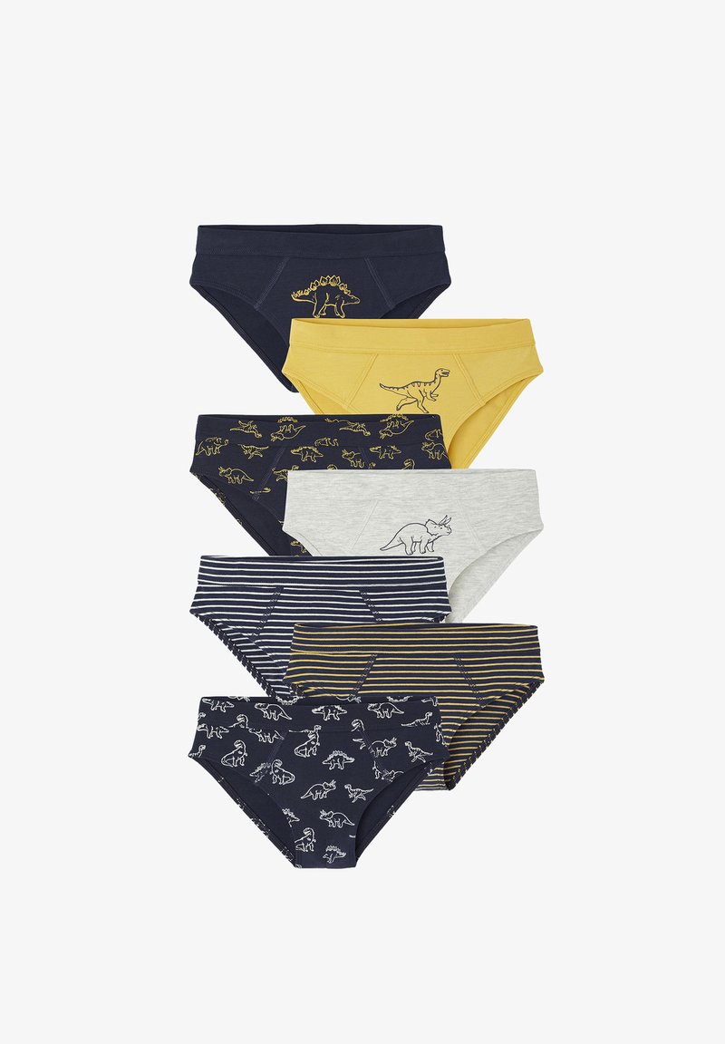 Set aus sieben Kinderunterhosen in verschiedenen Farben. Mit Dinosaurierdruck, einfarbig in Marineblau, Gelb, Grau und gestreiften Mustern. Aus Baumwollmaterial.