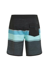 Μαύρα και υδάτινου χρώματος ριγέ μαγιό σορτς κατασκευασμένα από ελαφρύ υλικό. Διαθέτουν πίσω τσέπη με καπάκι και ζωνάκι στη μέση με κορδόνι.