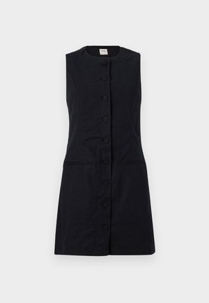 Sleeveless black dress made of a textured fabric, featuring a round neckline, front buttons, and two side pockets.