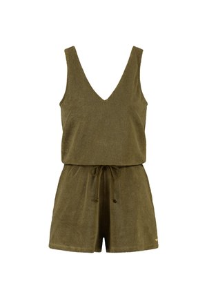 Olivengroene, mouwloze romper van badstof met een V-hals, trekkoord in de taille en shorts. Zachte textuur, casual ontwerp en decoratieve franjes.