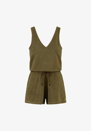 Olivengroene, mouwloze romper van badstof met een V-hals, trekkoord in de taille en shorts. Zachte textuur, casual ontwerp en decoratieve franjes.