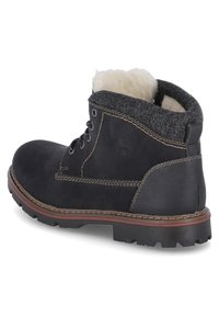 Zwarte leren enkellaars met een grijze fleece kraag, ronde neus, vetersluiting, contrasterende bruine stiksels en een robuuste rubberen zool.