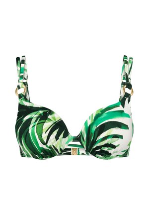 Górna część bikini z zielonym i białym tropikalnym wzorem liści, z złotymi pierścieniami jako akcentami na podwójnych ramiączkach i zapięciem z przodu.