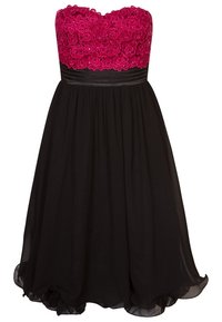 Utan axelband klänning med en fuchsia blommig spetstopp, svart flytande kjol och svart midjeband. Mjuk tyg med ett lagerdraperad nederkant.