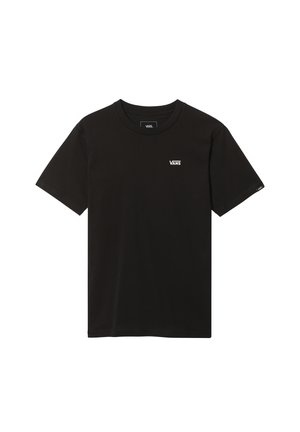 Zwart katoenen t-shirt met korte mouwen, ronde halsontwerp en een klein wit 'VANS'-logo op het linker borstgebied. Gladde textuur.