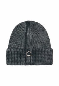 Gorro de punto gris oscuro con borde doblado, que presenta un acento de logotipo de metal brillante en el costado. Textura suave y un diseño ajustado.