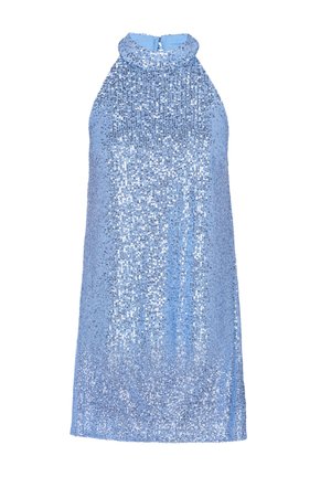 Svetlo modra brezrokavna obleka z visokim ovratnikom, okrašena z bleščicami, z ravnim krojem in gladko teksturo. Vključene podrobnosti o zapiranju na hrbtu.