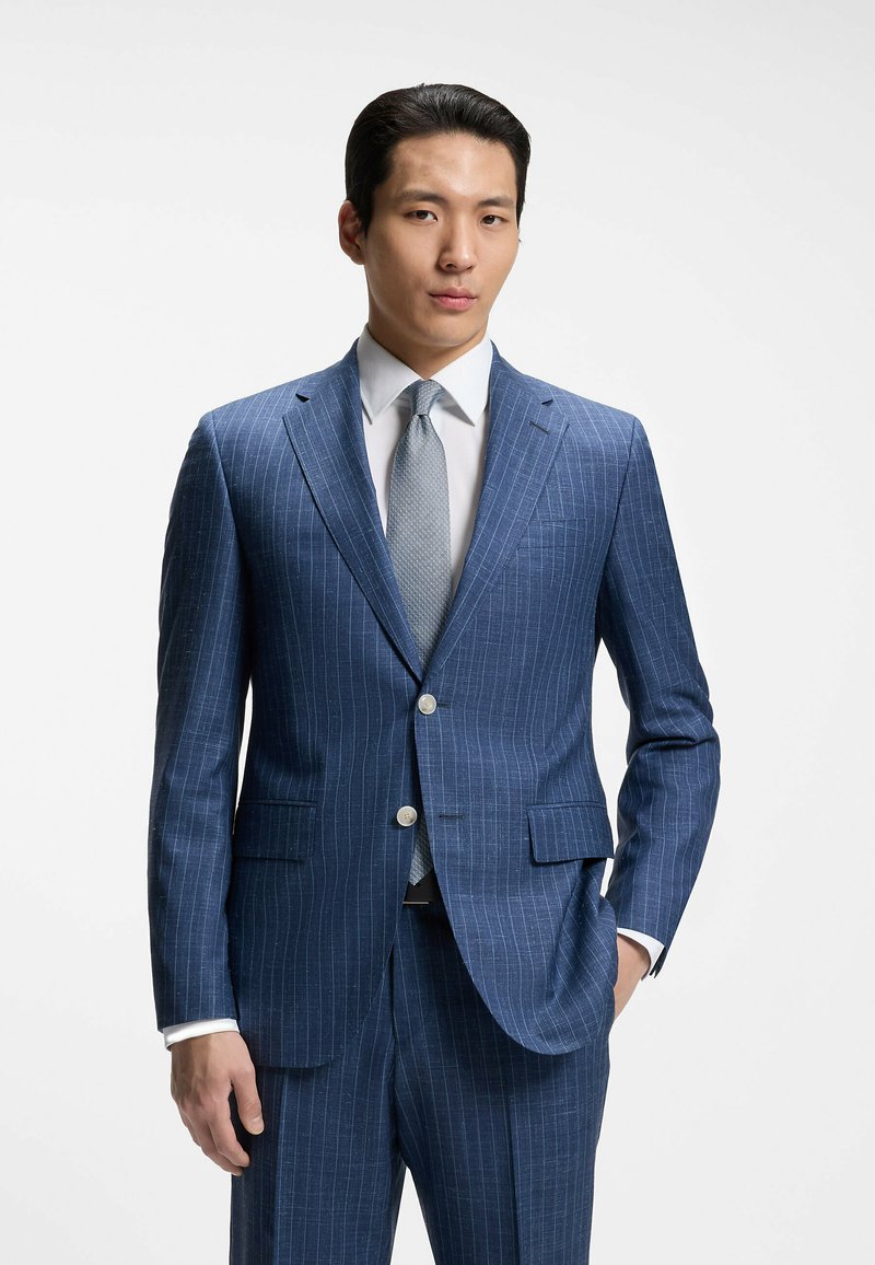 Homme portant un costume bleu à fines rayures, une cravate gris clair et une chemise blanche, debout, une main dans la poche, sur fond blanc.