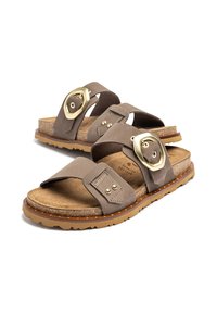 Braune Riemchensandalen aus weichem Wildleder, mit einer goldenen Schnalle, zwei breiten Riemen und einer Korkfußbett mit einer strukturierten Sohle.