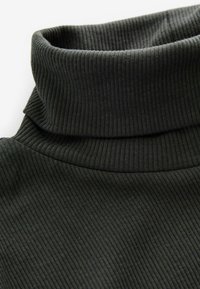 Crni turtleneck pulover s rebrastim uzorkom i visokim ovratnikom. Tkanina sadrži teksturirani uzorak, prikazujući vertikalne linije na glatkoj površini.