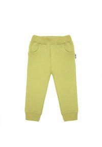 Jasnooliwkowe spodnie dresowe wykonane z miękkiego materiału, z elastycznym pasem, dwoma bocznymi kieszeniami i zwężanymi nogawkami.
