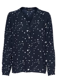 Marinblus med V-ringning, långa ärmar och vita stjärnmönster. Mjuk tyg med knäppning framtill och veckdetaljer p å axlarna.