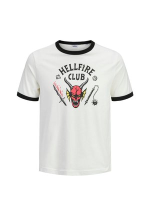 Valge T-särk musta äärisega, millel on ees punane sarviline deemonipea, leegitsev mõõk, kirvepea ja tekst "HELIKLIUB".