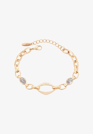 Bransoletka z łańcuchem złotym, z owalnymi ogniwami, ozdobiona dwoma szklanymi kamieniami i teksturowanym owalnym akcentem. Zapięcie na zatrzask i regulowana długość.